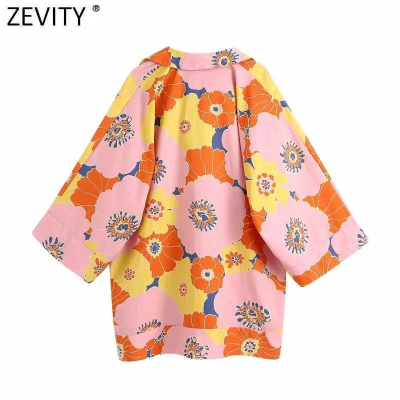 Zevity Women Fashion Färgglada Blomstryck Casual Loose Shirt Kvinna Batwing Sleeve Kimono Blouse Roupas Chic Blusas Tops LS9343 210603