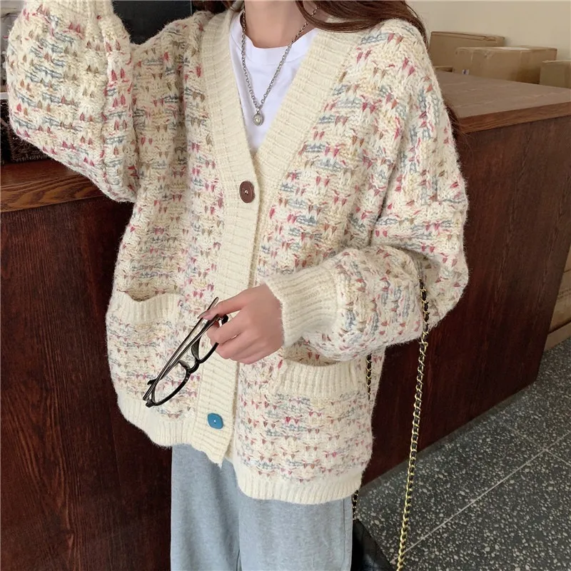 Ezgaga Knitted Sweater Jumper Winter New-coming V-Neck Thick Vintage Long Sleeve Cardigan Ladies Tops Warm Loose Fashion 210430