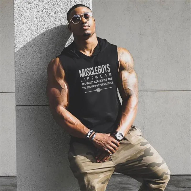 Muscleguys Liftwear Sleeveless Shirt with hoody Brand Gyms Clothing Fitness Men Bodybuilding stringers tank tops singlets 210421