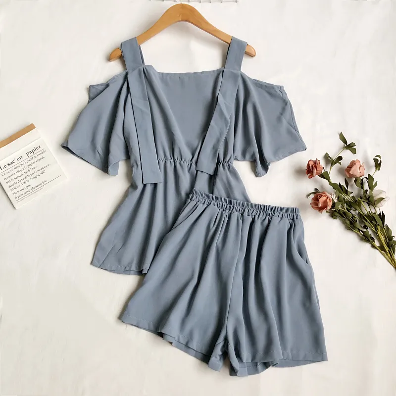 Summer Women Casual Shorts Two Piece Set Square Collar Ruffled Tops and High Waist Loose 210423