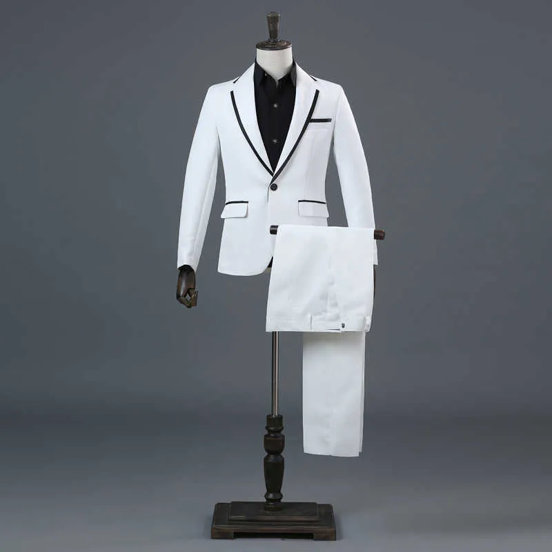 2021 hommes mode rayé hôte Costumes Costumes scène chanteur noir et blanc or argent robe blazer + pantalon X0909