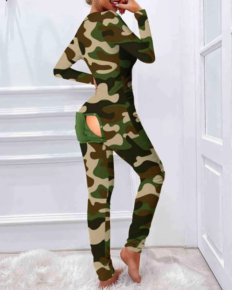 Nouveau Style femmes fonctionnel boutonné rabat Camouflage imprimé adultes pyjamas costume Homewear Femme détachable combinaisons 210415