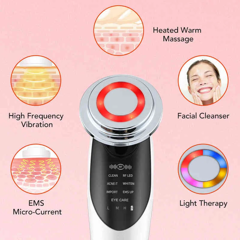 7 em 1 RFEMS LED Dispositivo de beleza de rejuvenescimento da pele Anti-envelhecimento Removedor de rugas Micro Corrente Vibração Massagem facial 220110
