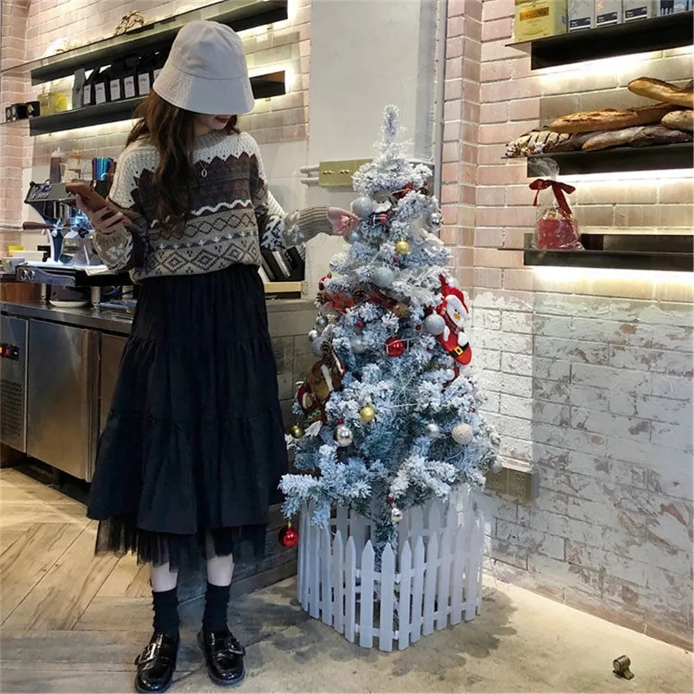 Été noir gothique jupes a-ligne maille taille haute Midi longue plissée femmes fée Patchwork coréen lâche blanc Streetwear 210421