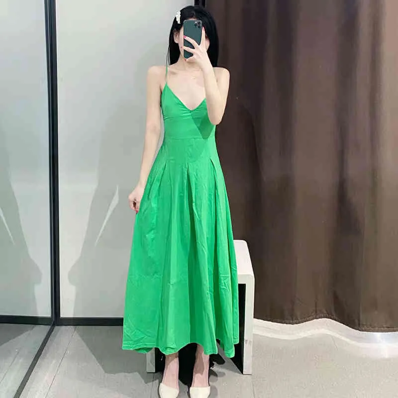 Sexy Spaghetti Strap Deep V Neck Party Dress Solid Backless Plissé Midi es Side Zipper Green Beach Summer 210508