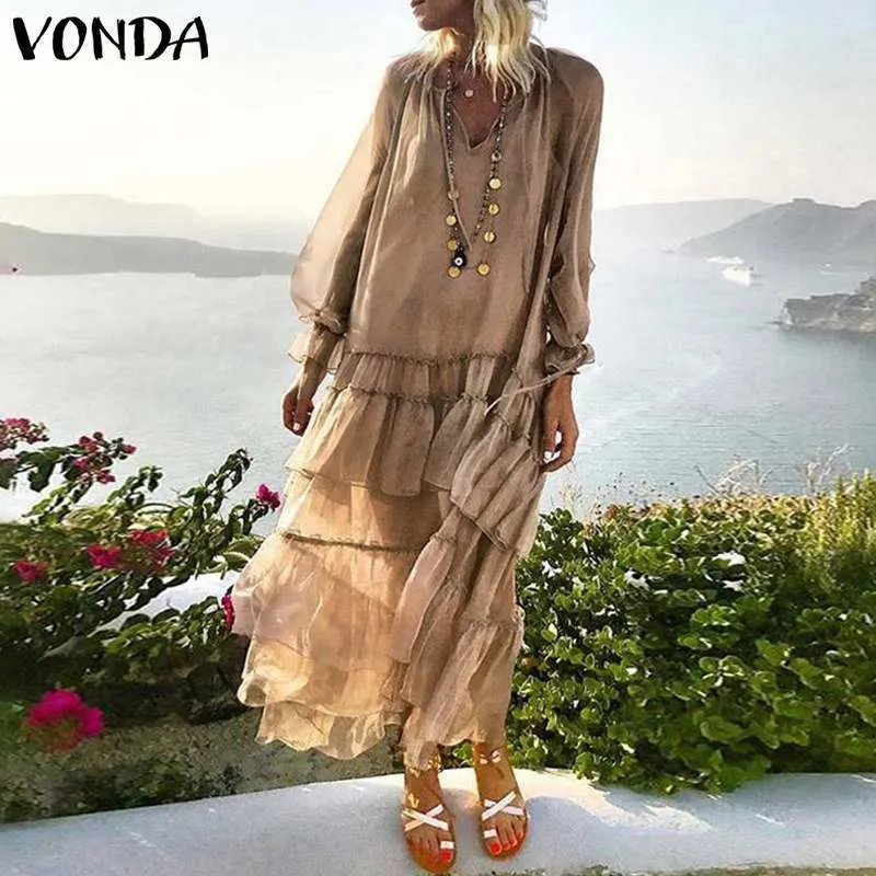 Strand Dames Maxi Jurk 2021 Vonda Bohemian Summer Sundress Lace Vestido Transparante Casual Losse Vintage Gelaagde Jurk Plus Size X0521