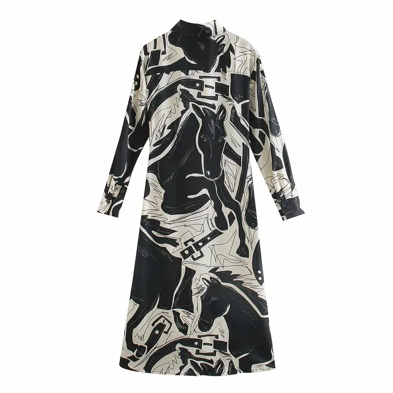 Женщины мода с пуговицами напечатанные плиссированные MIDI платье старинные с длинным рукавом передние вентиляционные вентиляционные платья женские платья Vestid 210520