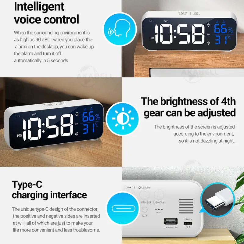 MICLOCK Wiressless Mirror Alarm Clock LED With Voice control Temperature Humidity Sze USB Rechargeable Music Table 220311