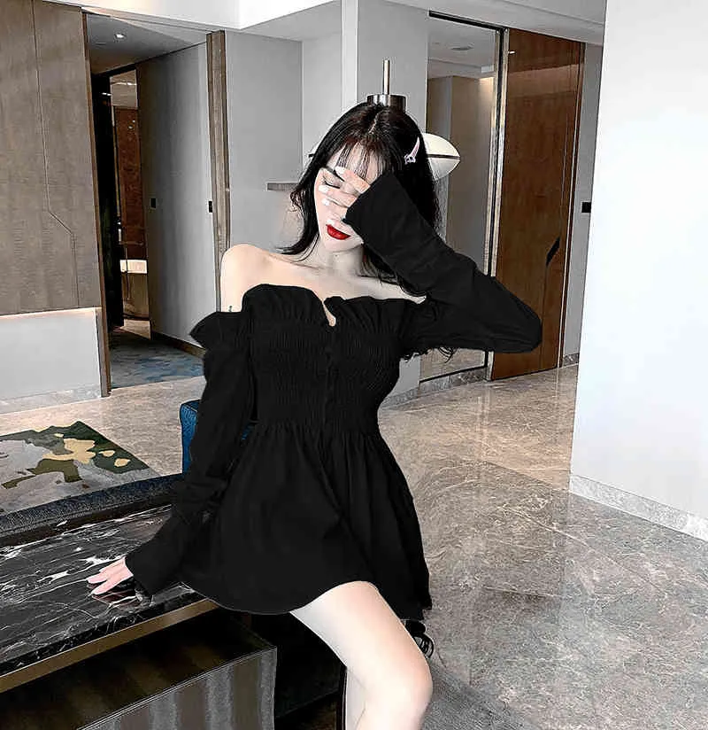 Spring Autumn Women's Blouses Korean Sexy One-shoulder Ruffled Long-sleeved Tops Solid Color Waist Slim Female Shirt GX572 210507