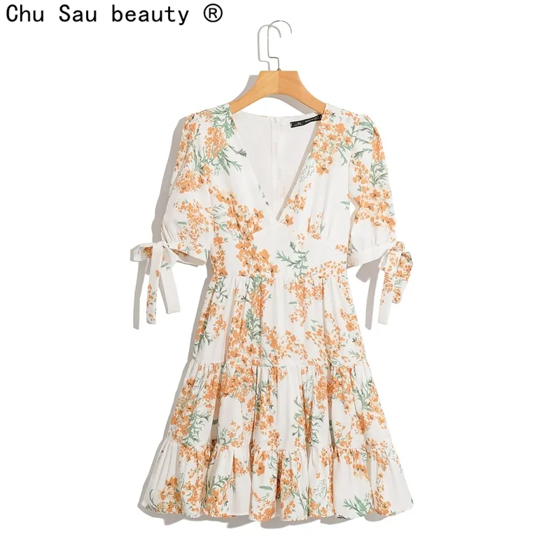 Sommer Französisch V-ausschnitt Puff Sleeve Lace Up Schlank Rüschen Blumen Druck Kleid Urlaub Stil Vintage Weibliche Mode 210508