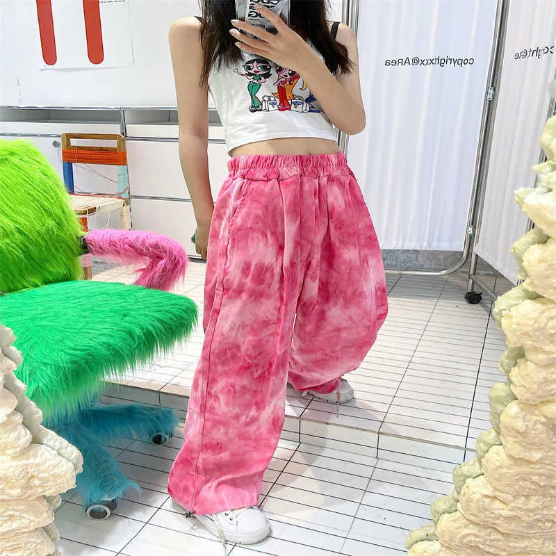 Pantalon de sport pour femmes 2021 Été Y2K Nouveau Tie Dye Harajuku Vintage Corduroy Taille élastique Pantalon droit Baggy Pantalon large Q0801