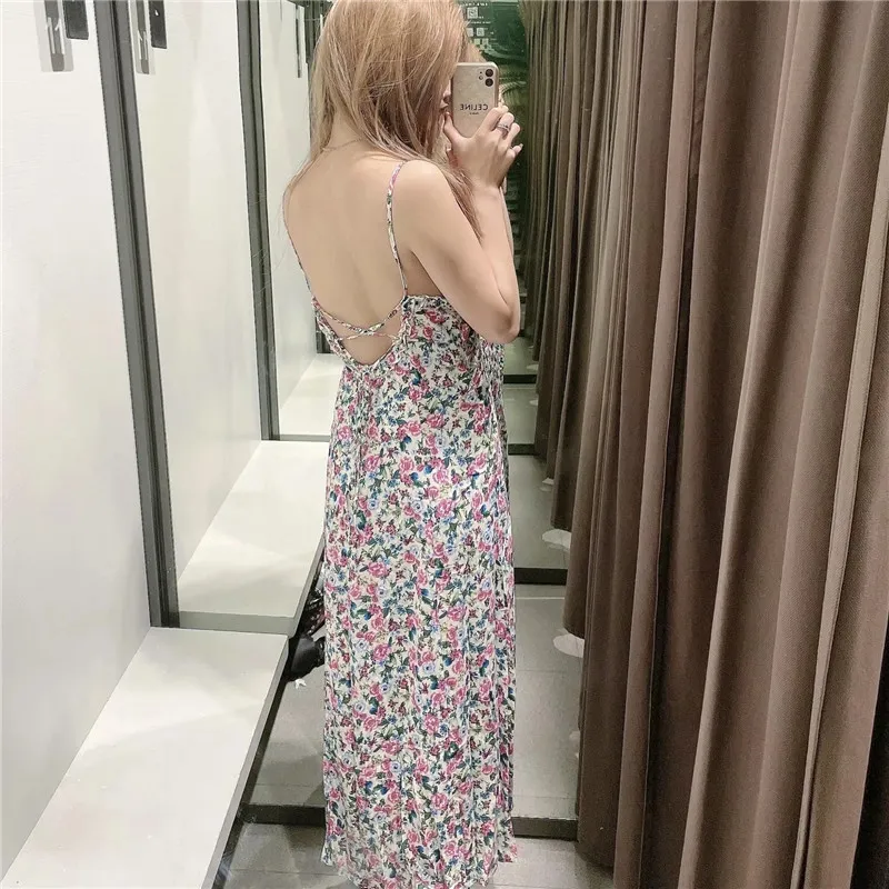 Kwiatowy Slip Długie Suknie Kobieta Lato Spaghetti Pasek Backless Sexy Kobiety Side Slit Plaża Wakacyjna 210519