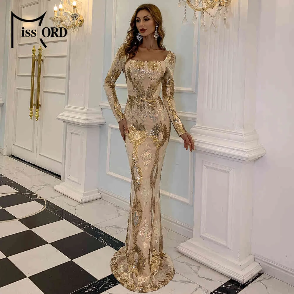 Missord 2021 Frauen Eleganten Quadratischen Kragen Pailletten Abend Party Kleid Sexy Backless Gold Maxi Kleid Weibliche Bodycon X0521