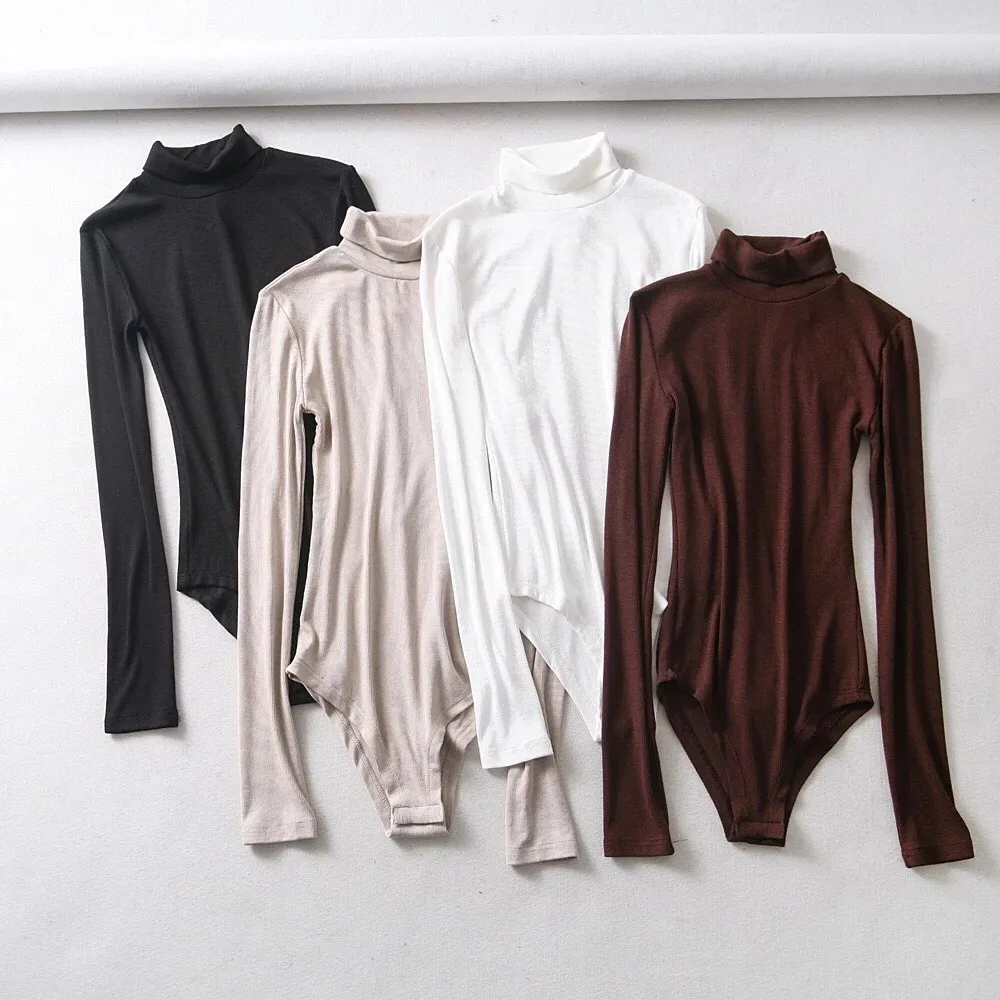 5 färger sexig turtleneck Ribbed långärmad bodysuit kvinna skinnig kort jumpsuit stretch smal passform rompers bodycon playsuits 210429