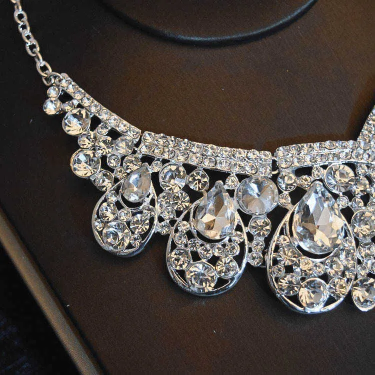 Luxury Big Rhinestone Bridal Jewelry Sets Crystal Crown Tiaras Plated Necklace Earrings Set For Bride Hair Accessories H1022