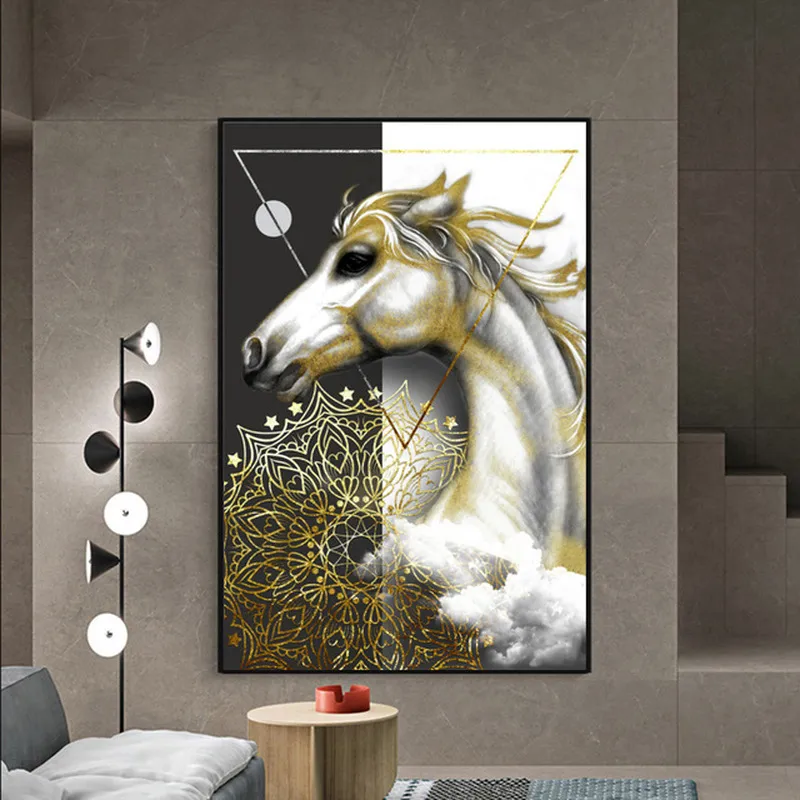 Pintura al óleo de caballo dorado de estilo islámico sobre lienzo arte Mural Animal póster imagen para decoración de habitación clásica europea