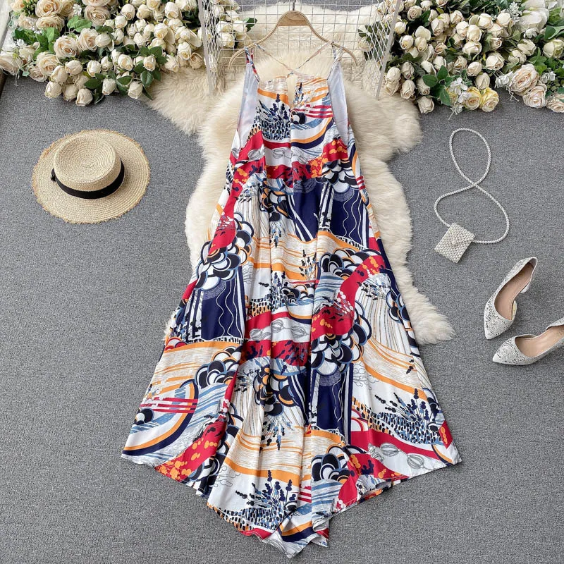 Europa stil sommar eleganta kvinnor spaghetti rem ärmlös utskrift lös klänning damer kvinnlig semester strand klänningar vestido 210428
