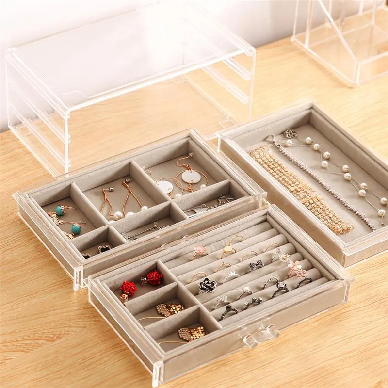 Jewelry Pouches Bags Clear Acrylic Jewellery Storage Box Women 3 Drawers Velvet Organiser Earring Bracelet Necklace Rings Case Ho235z