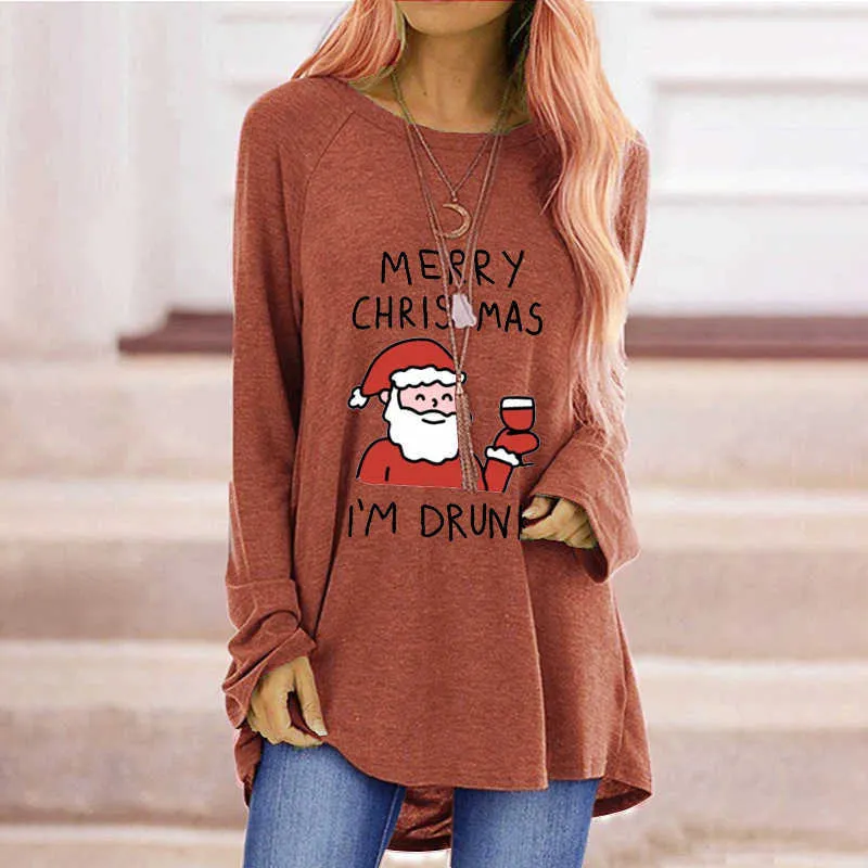 Cute Christmas Santa Print Women T-Shirt Fashion Casual Loose Long Sleeve Spring Autumn Lady Tops Plus Size S-3XL W769 210526