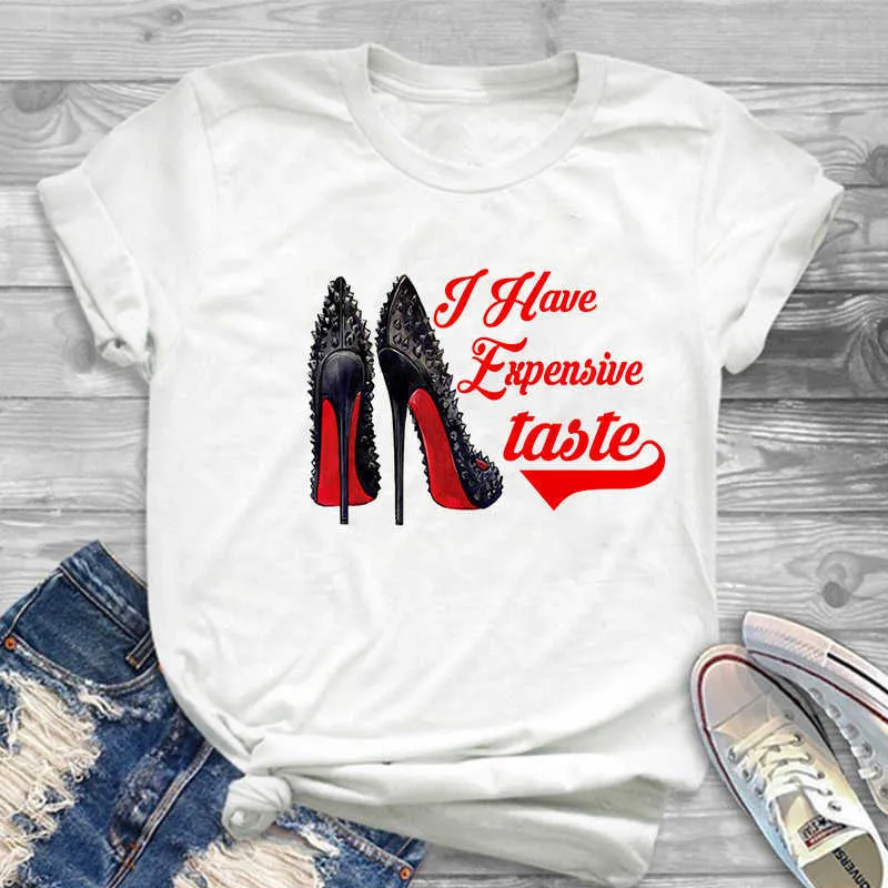 Biała Koszulka Damska Koszula Moda Buty High-Heeled Drukowane T Shirt Damska Lato Krótki Rękaw Casual Uliczny Odzież Tshirt X0628