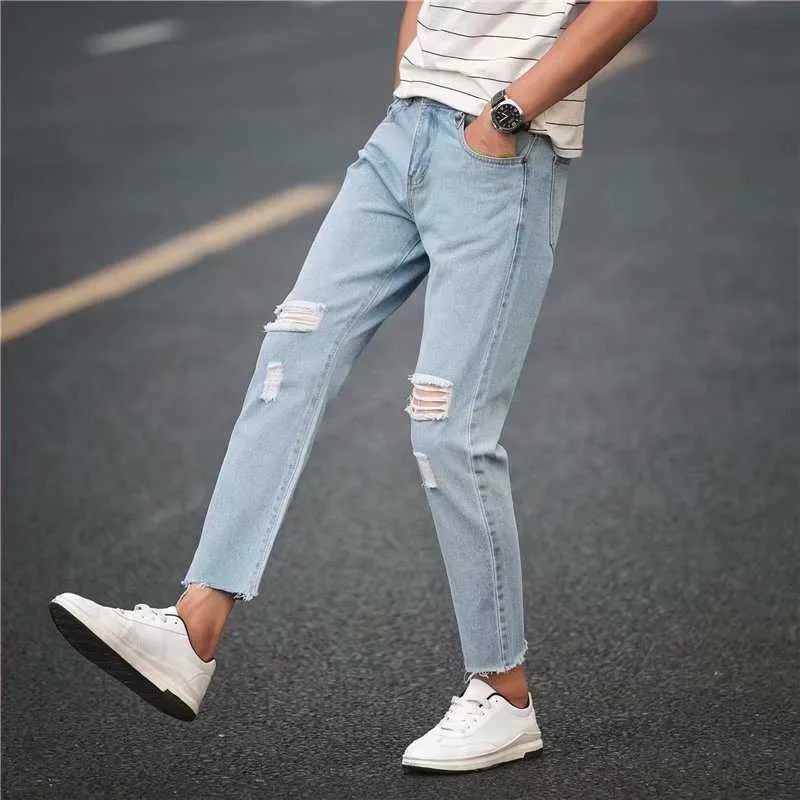 Zomer 2020 heren enkel lengte jeans dunne bedelaar gat broek voeten broek losse trendy harembroek x0621