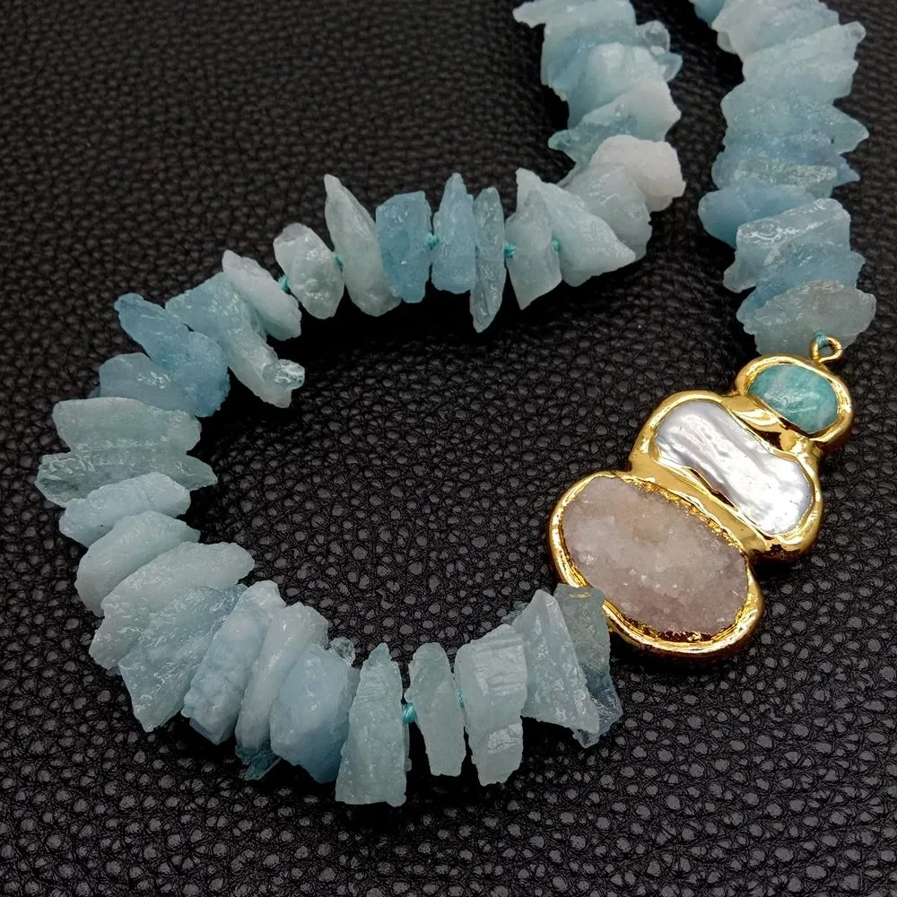 YYGEM natürliche weiße Biwa-Perle, blauer Aquamarin, rauer Amazonit-Quarz, Druzy-Verbindungs-Choker-Halskette