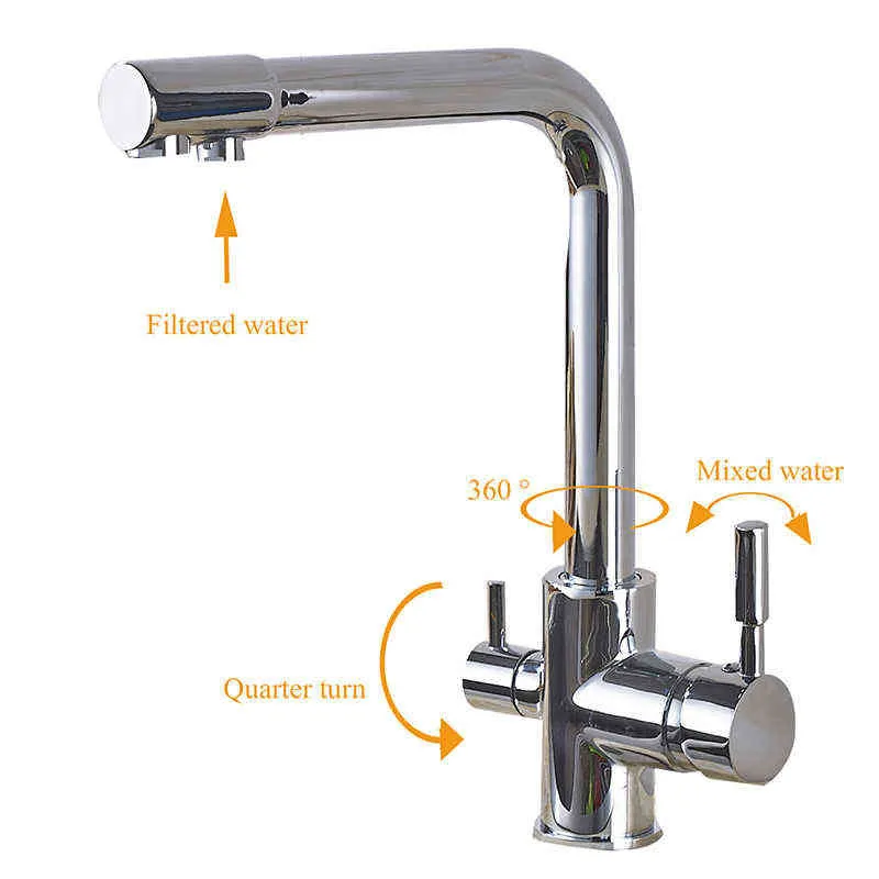 ShbShaimy Filter Keukenkraan Chrome Drinken Pure Water Keuken Tap Dek Gemonteerde Dual Handgrepen 3-wegen en Koudwater Mixer 2111108