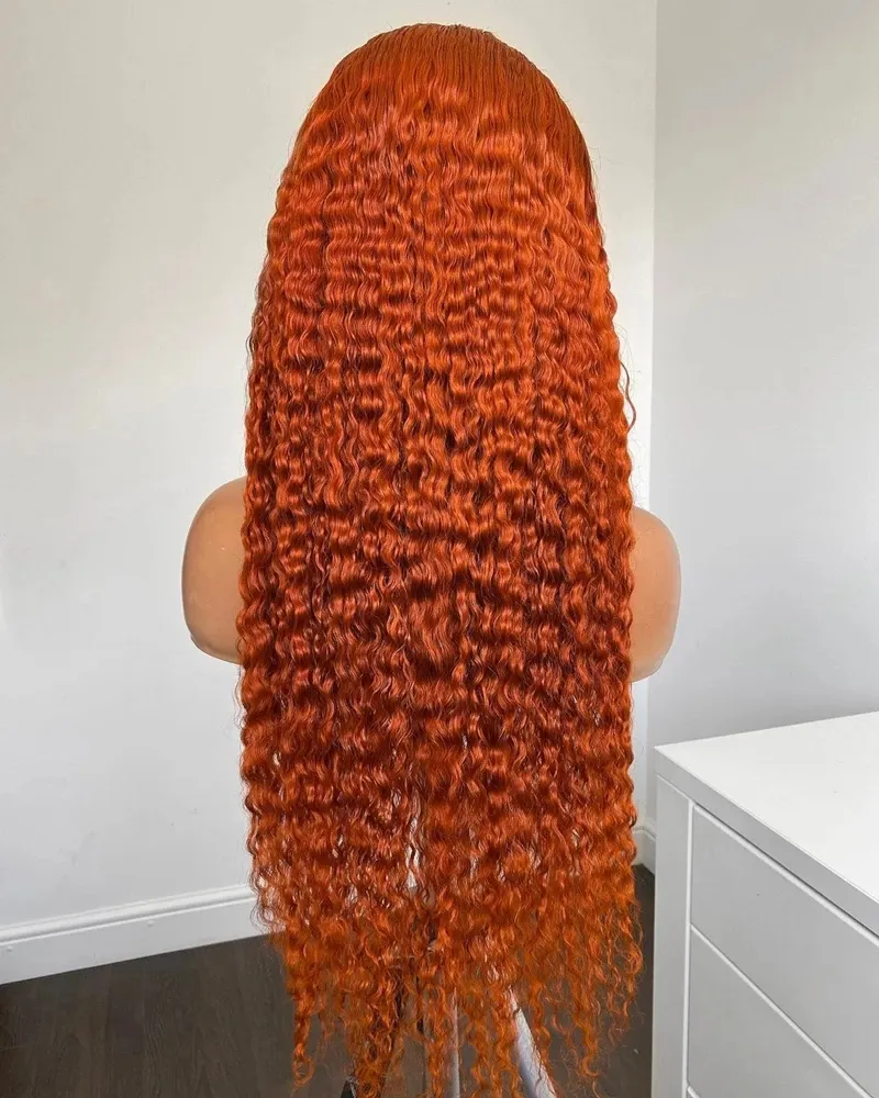 26Inch Deep Wave Ginger Orange Lace Frontal Synthetic Hair Wig For Women Preplucked Heat Resistant Daily Wigs 180% Density Curly