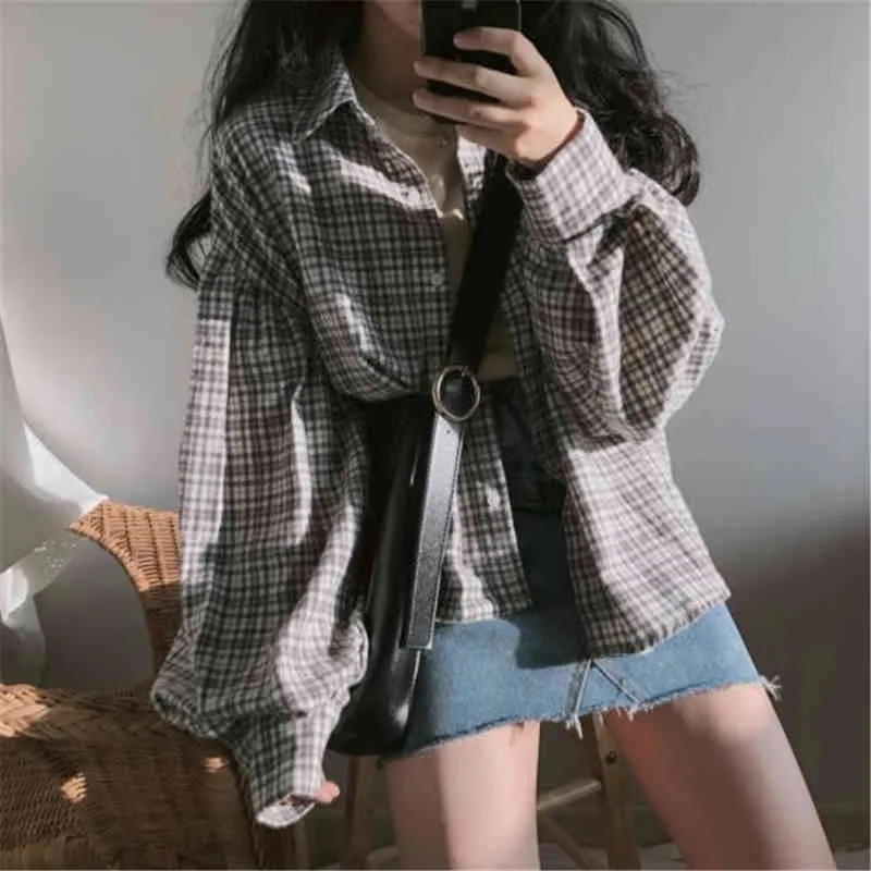 Outono Moda Manta Blusa Mulheres Vintage Lanterna Sleeve Loose Coreana Top Camisa Ladies Ladies Blusas Mujer de Moda 210519