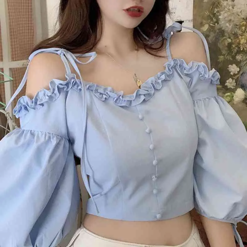 Ezgaga Casual Dames Shirts Koreaanse Mode Blouse Slash Neck Puff Sleeve Lente Zomer Solid Bandage Crop Tops All-Match 210430
