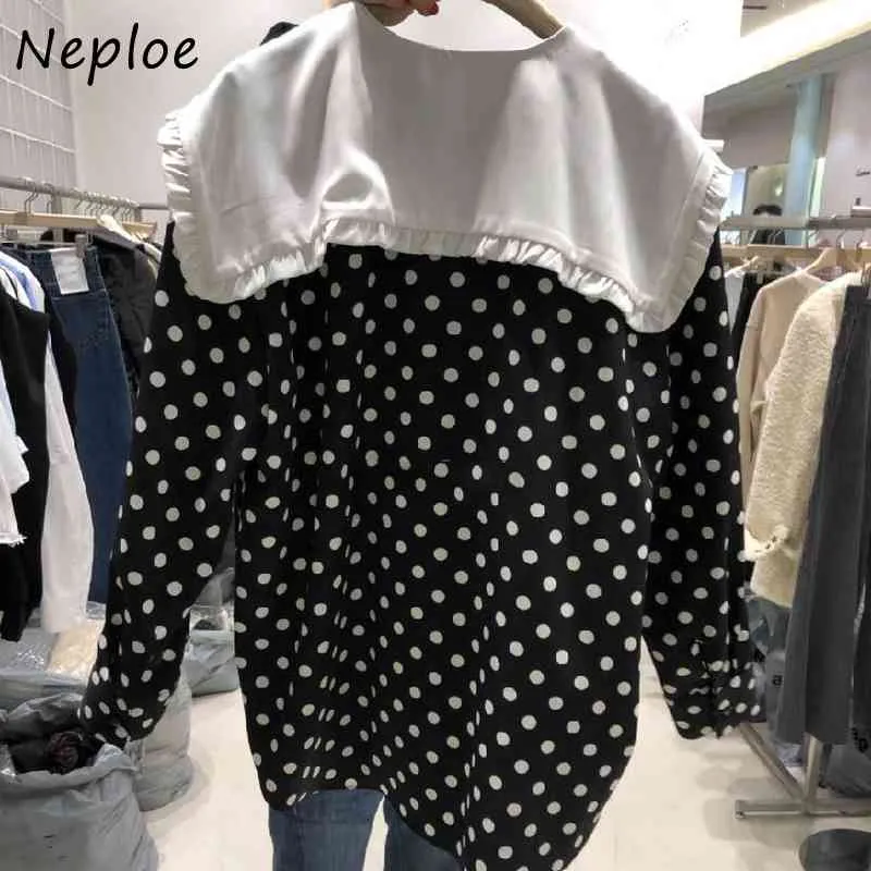 Doll Collar Long Sleeve Pullover Blouse Women Vintage Dot Hit Color Loose Blusas Spring Shirt Feminino 210422