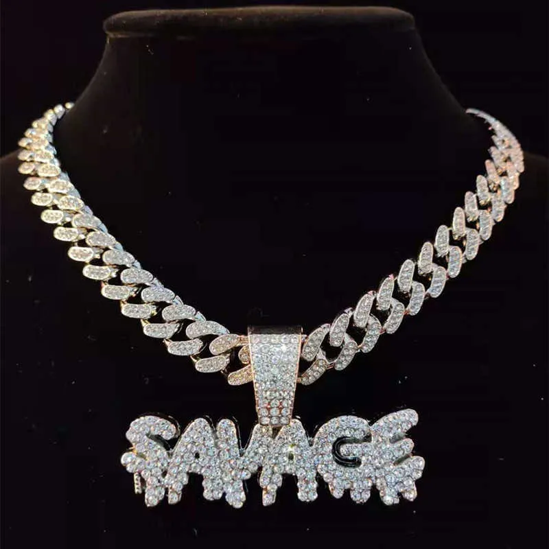 Men Hip Hop SAVAGE Letters Pendant Necklace with 13mm Miami Cuban Chain Iced Out Bling HipHop Necklaces Male Fashion Jewelry 210929