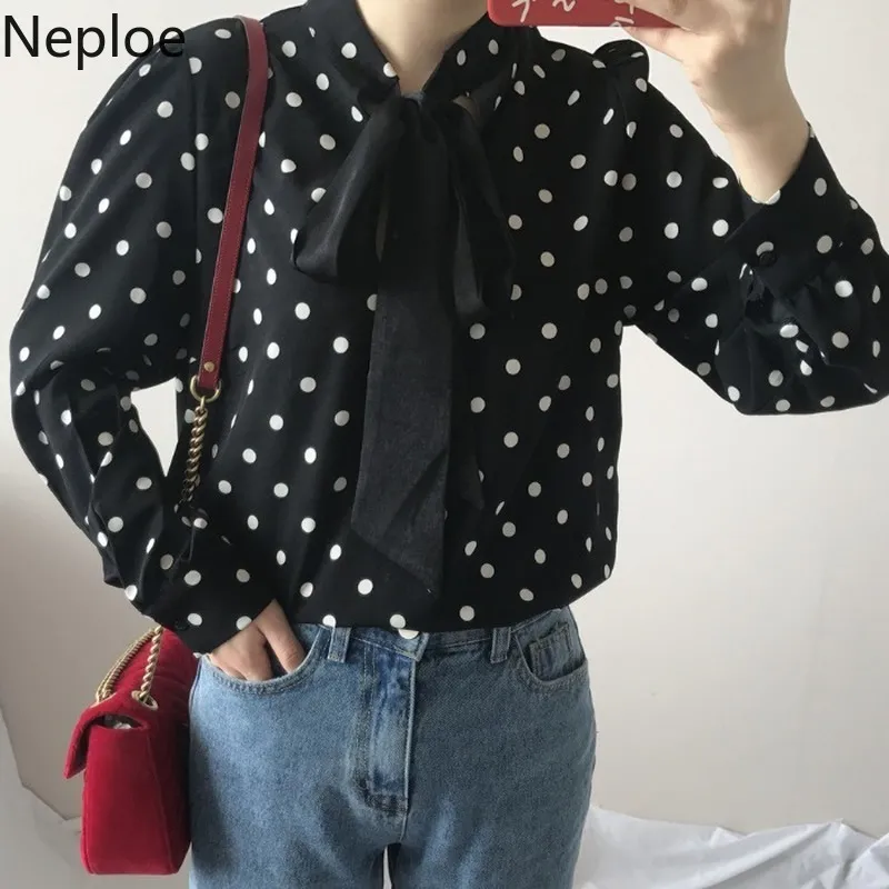 Neploe Damen-Hemd, lässig, gepunktet, Chiffon-Top, koreanische Frühlingsblusas, Stehkragen, Schnürung, Schleife, Langarm, Vintage-Bluse 210422