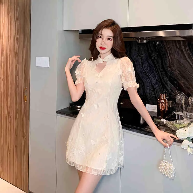 Sommar Elegant Retro Cheongsam Förbättrad version Klänning Mode Lace Kortärmad Slim Mini Party Dresses Vestidos 210518