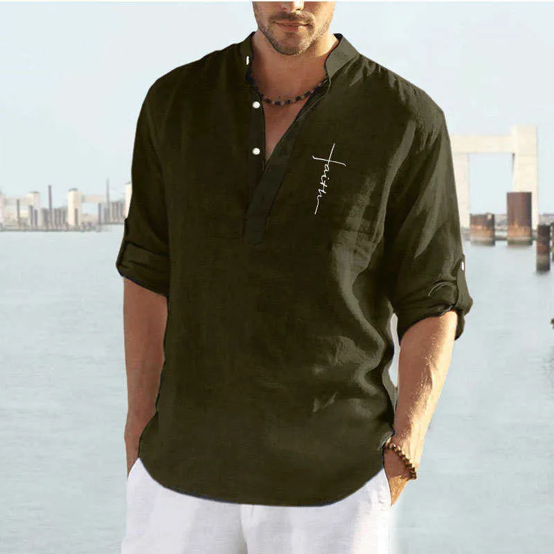 Camicia a maniche lunghe in cotone-lino casual da uomo 2021 nuova Camicia a collo largo in cotone-lino uomo S-2XL P0812