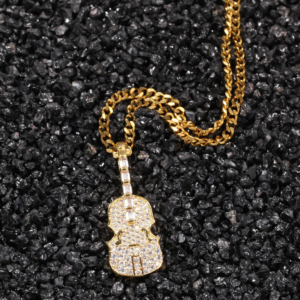 Hip Hop Sieraden De Viool Vorm Clear T CZ Zirkonia Hanger Ketting Verguld met Ketting voor Mannen Vrouwen Leuk Minnaar cadeau Rapper J203g