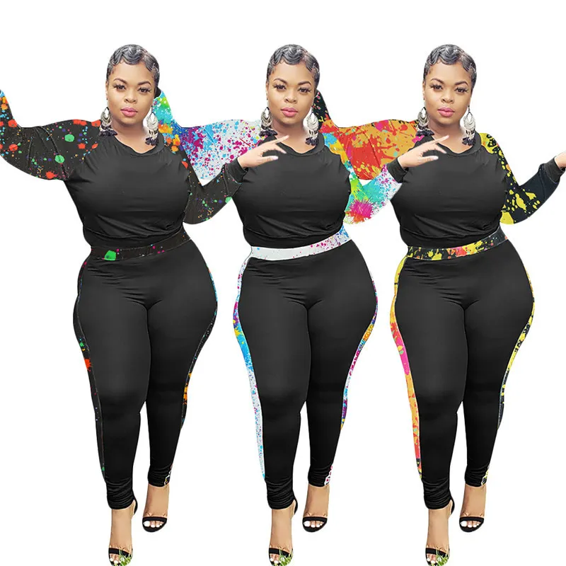 Plus Size L-4XL Dames 2 Stuk Set Tie Dye Patchwork Strech Activewear Jogger Outfit Biker Matching Set Groothandel Dropshping X0428