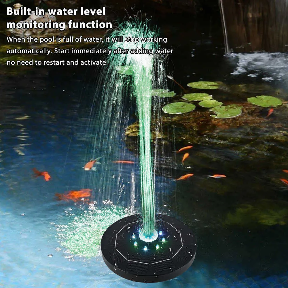 5V 3W садовый солнечный фонтан фонтан плавучий насос с 8 светодиодами птица ванна пруд украшения бассейна 200л / ч дворик декор патио 1500 мАч 210713