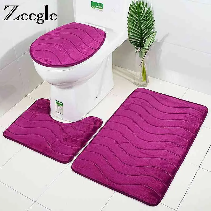 Zeegle 3pcs Bathroom Mat Set Toilet U Type Mat Shower Mats Absorbent Foot Rug Non-slip Floor Mat Pedestal Rug Lid Toilet Cover