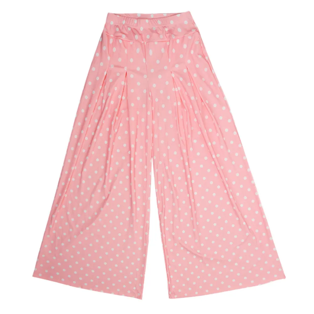 Sommar brett ben rosa polka dot elastiska byxor avslappnad hög midja boho byxor kvinnor full längd lös botten pantalone 210517