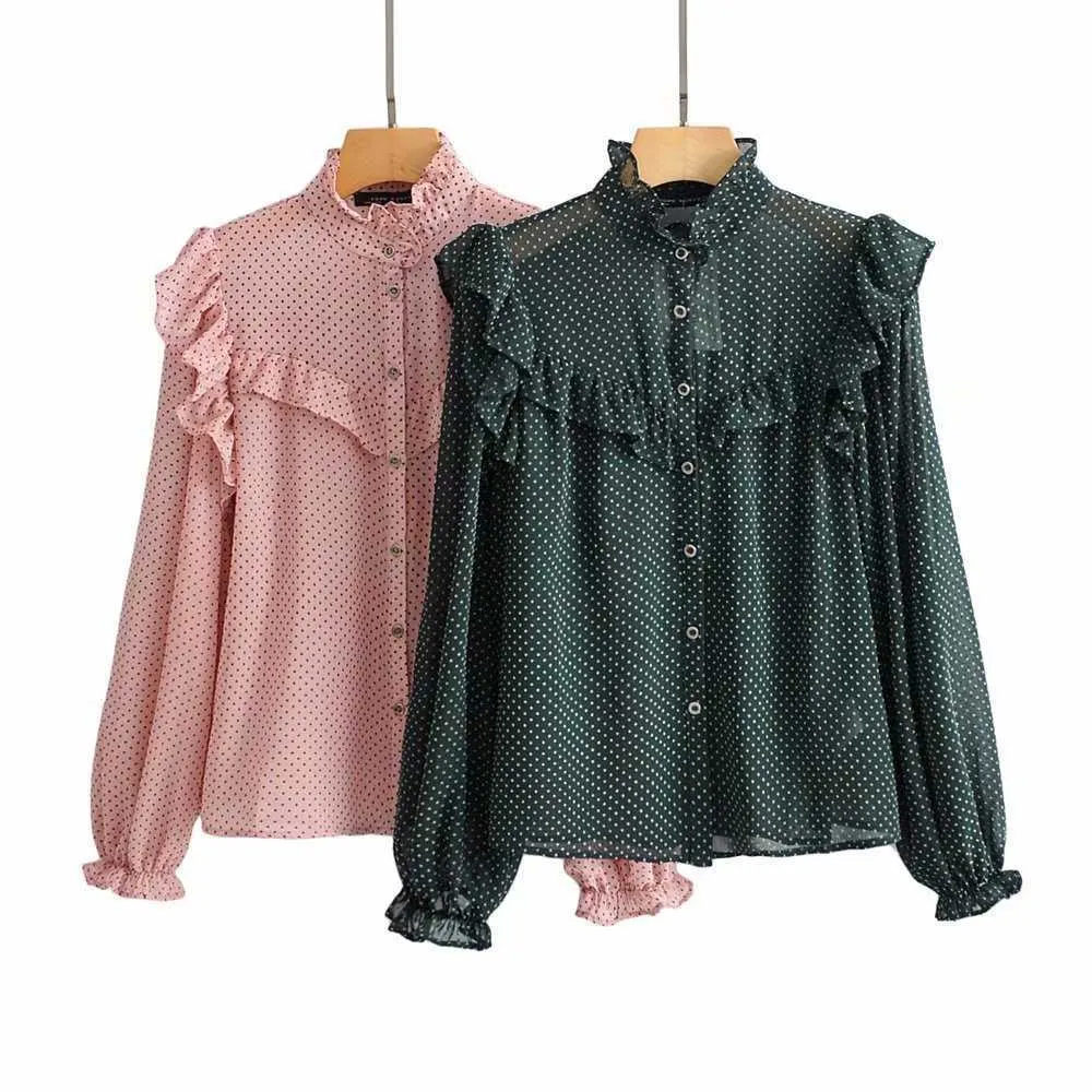 HSA Women Pink Tops Long Sleeve Casual Blouse and Sweet Chic Flare Polka Dots Loose Spring 210716