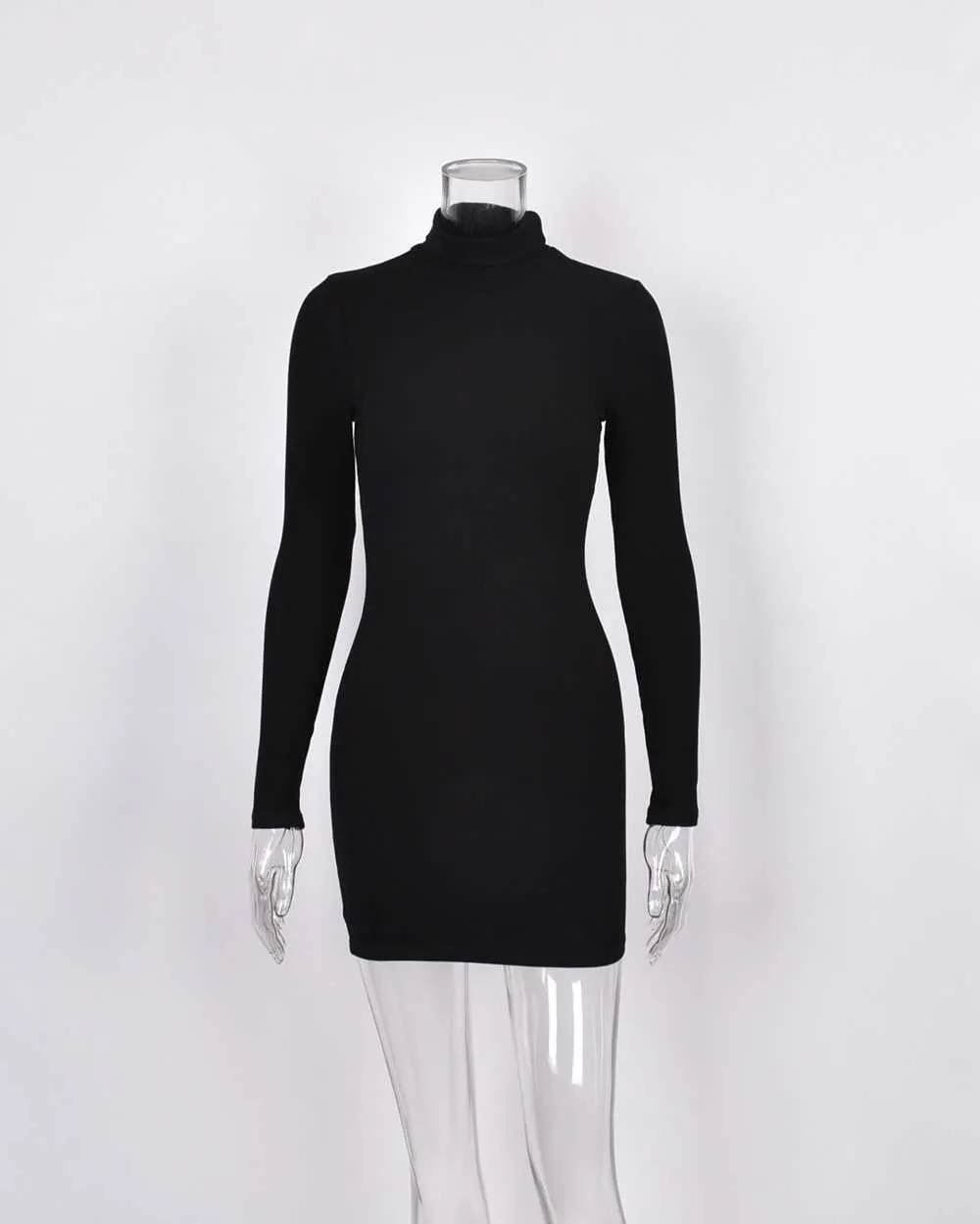 Été nouveau vêtement pour femme noir col haut manches longues sports de plein air sexy serré mini robe courte y0823