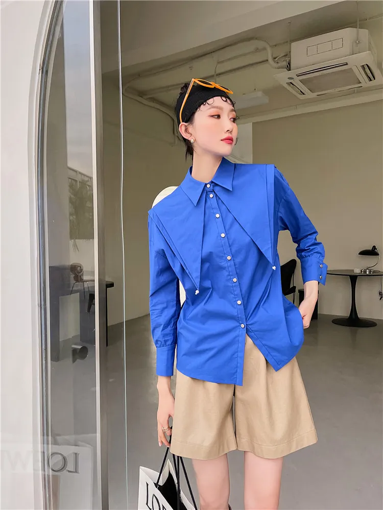 Camicia blu a maniche lunghe firmata da donna colletto a strati abbottonato moda donna top e camicette abbigliamento coreano 210427
