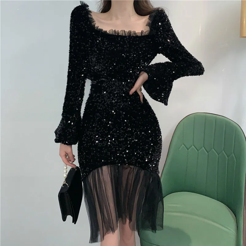 Ezgaga Party Dress Donna Fashion Square Collar Long Flare Sleeve Paillettes Shiny Show Elegante abito a sirena Mesh Patchwork Prom 210430