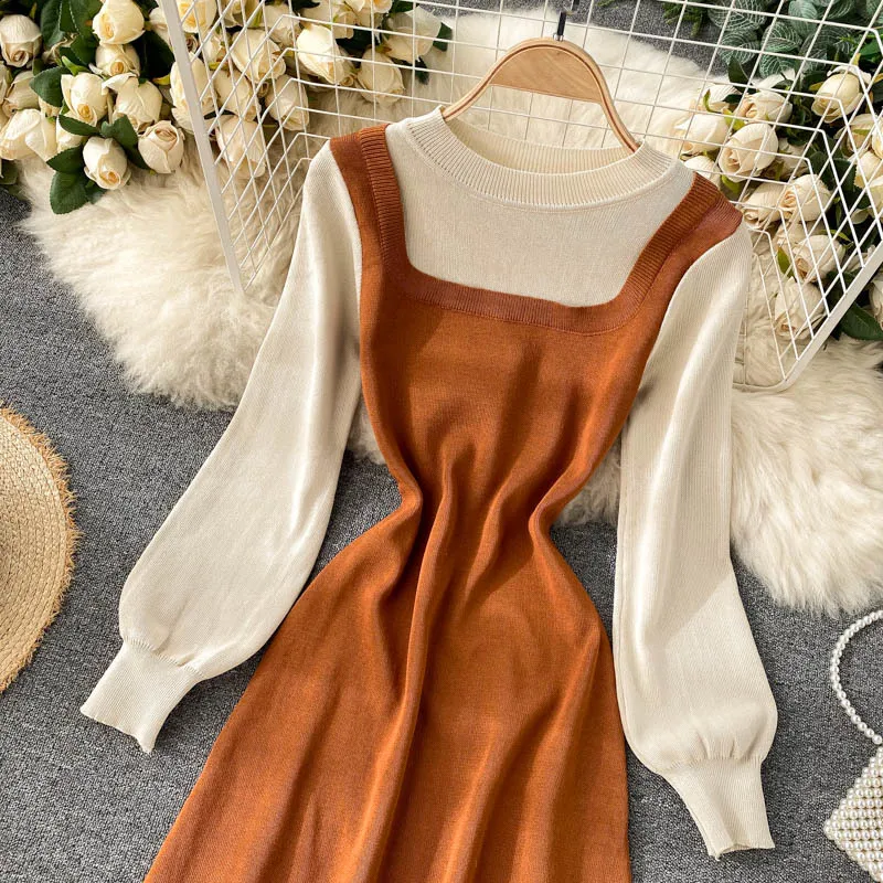 SINGREINY Fake Two-piece Knitted Dress Women Design Puff Sleeve O Neck A-line Dress Autumn Winter Korean A-line Sweater Dresses 210419