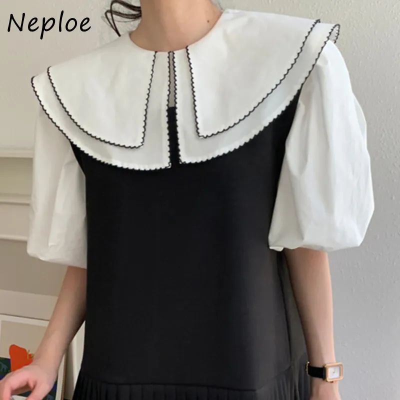 Temperament Big Peter Pan Collar Short Sleeve Blouse Women Work Style Ol Blusas Summer All Match Ladies Top 210422