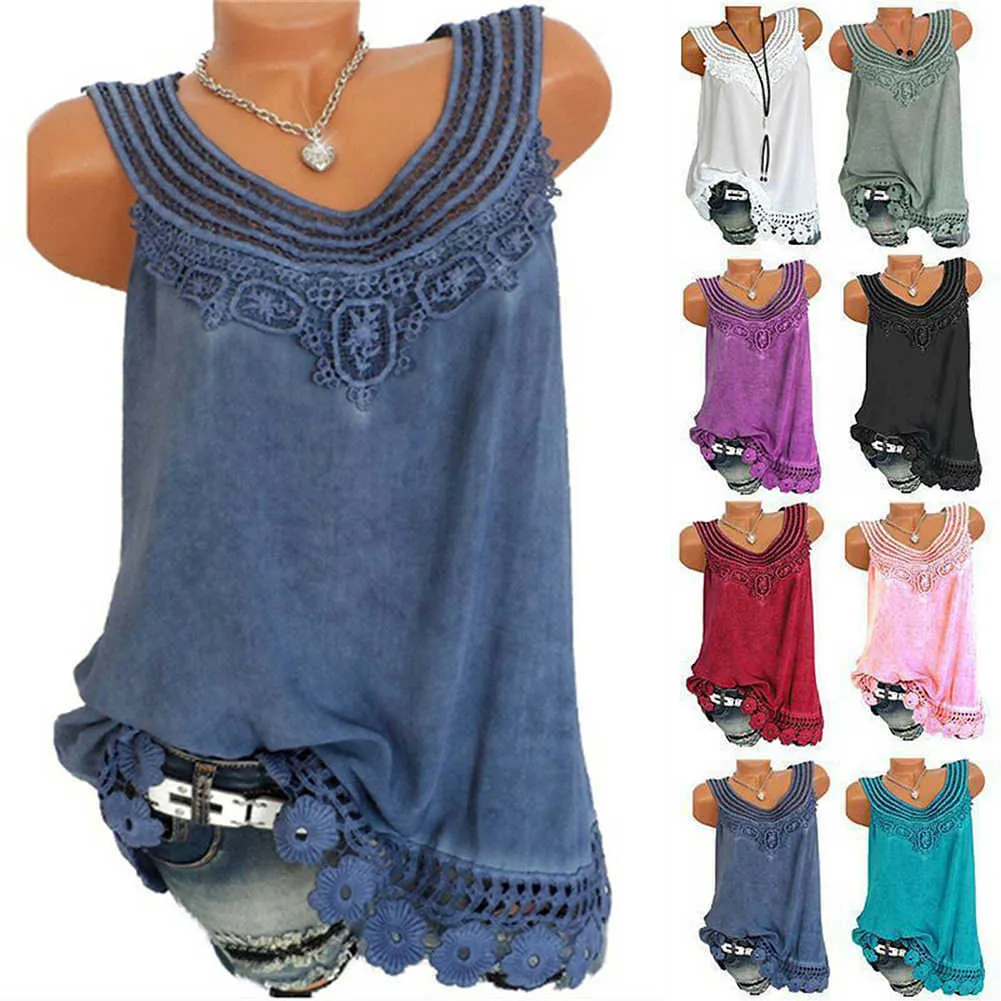 Zomer Mode Plus Size 3XL Dames Dames Cami Kant Splice Top Camisole Sexy Vest Losse Top Mouwloze T-shirt Tank Vest Kleding Y0824