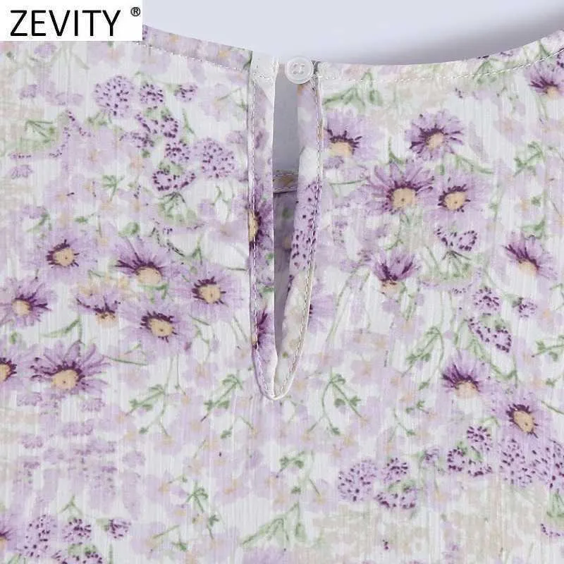 Zevity Women Sweet Floral Print Pleats Ruffles Szyfonowe Koszule Kobiet Puff Sleeve Casual Slim Bluzyki Roupas Chic Topy LS9195 210603