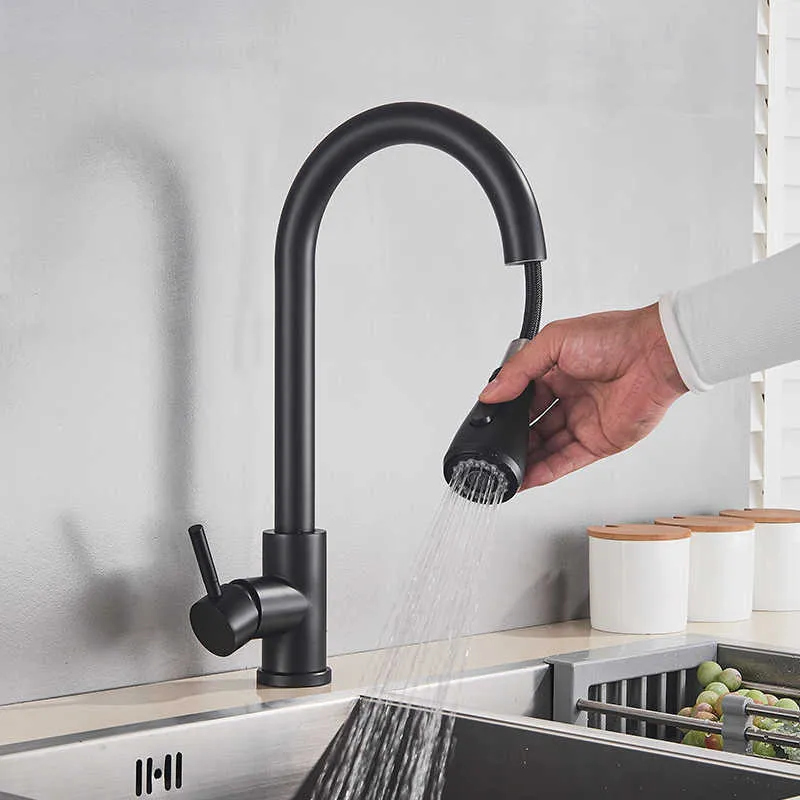 Black Pull Out Kitchen Faucet Silver Single Handle Nickel Kitchen Tap Single Hole Handle Swivel Sprayer Water Mixer Tap 210724