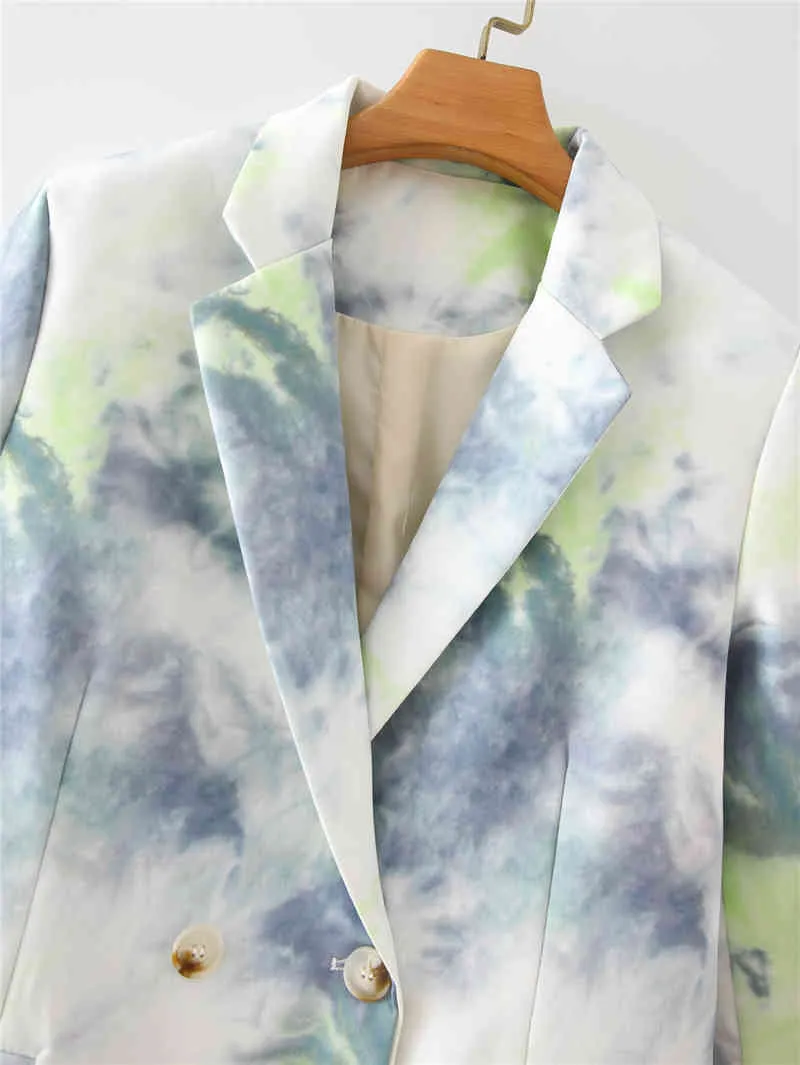 Elegantes mujeres gris tie-dye blazer office damas chaquetas de impresión con muescas casual botón femenino trajes chic chicas conjuntos de bolsillo 210427